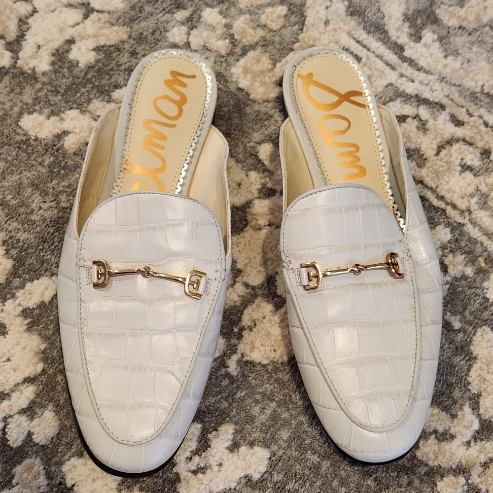 Sam Edelman White Croc-Embossed Leather Backless Mules with Gold Bit